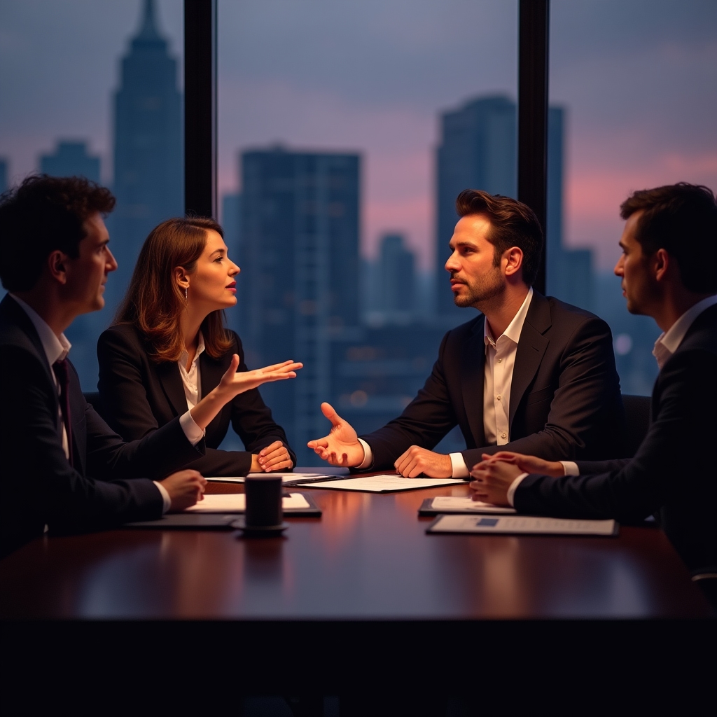 Executives in discussion during a decision-making meeting in a bright conference room