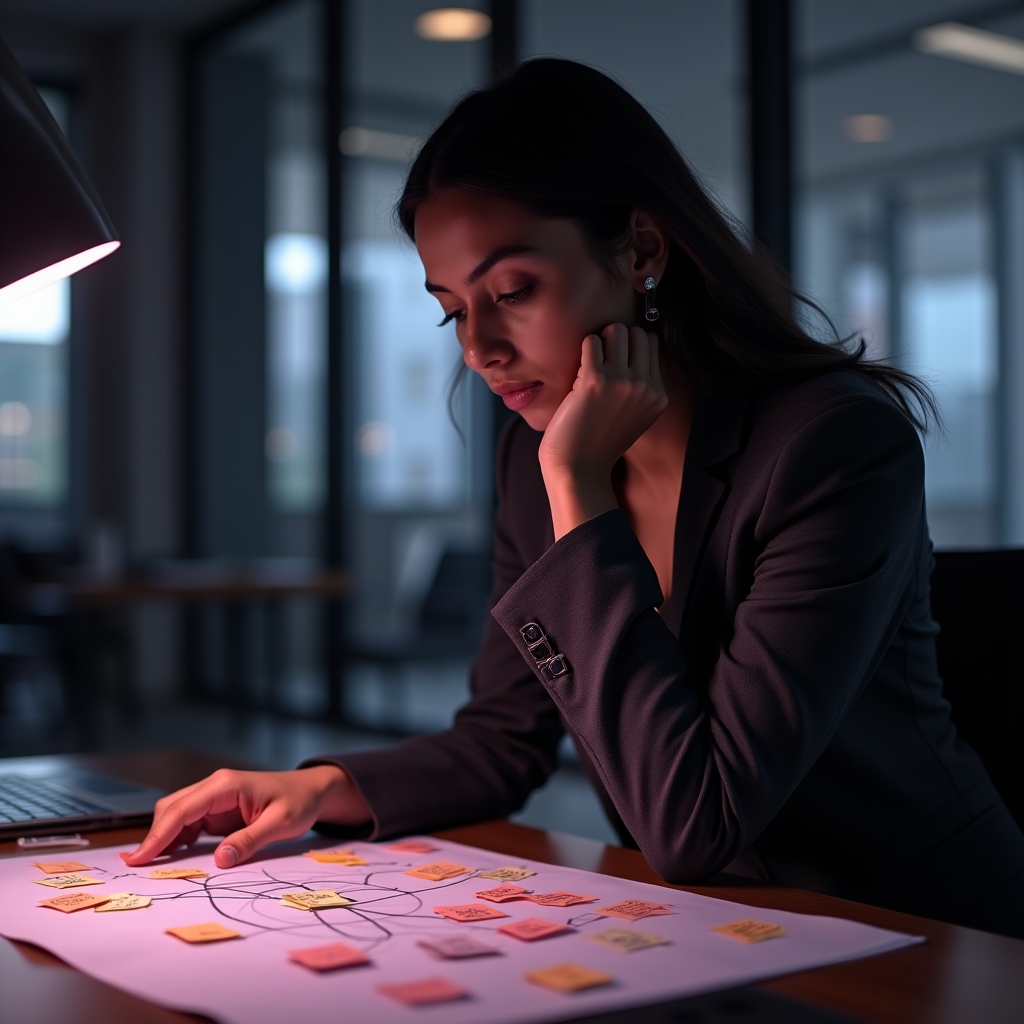 Individual contributor reviewing a cross-department pattern diagram at a desk, dramatic side lighting