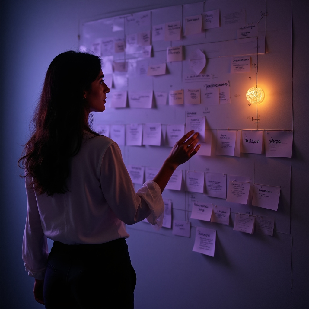 Person mapping an organizational decision flow on a wall using notes and connecting lines