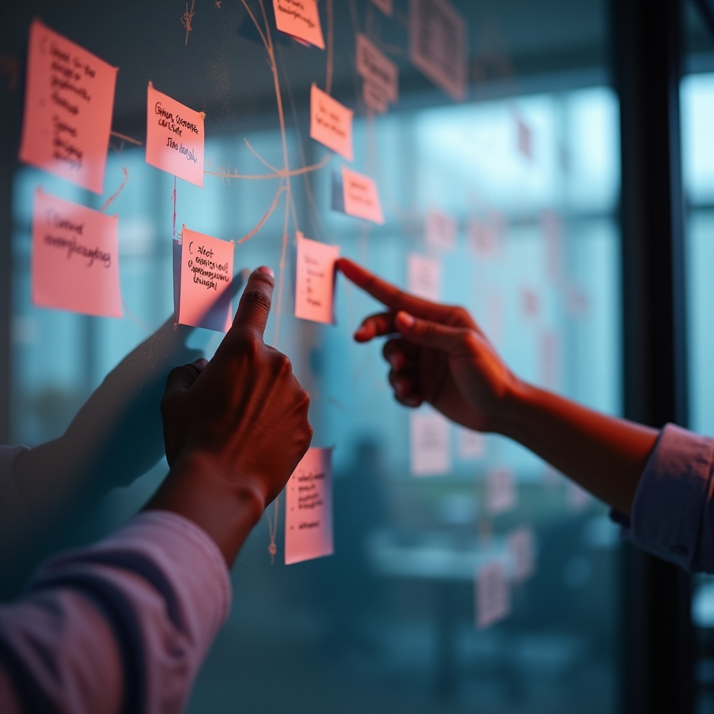 Close-up of hands mapping a cross-department process on a glass whiteboard wall