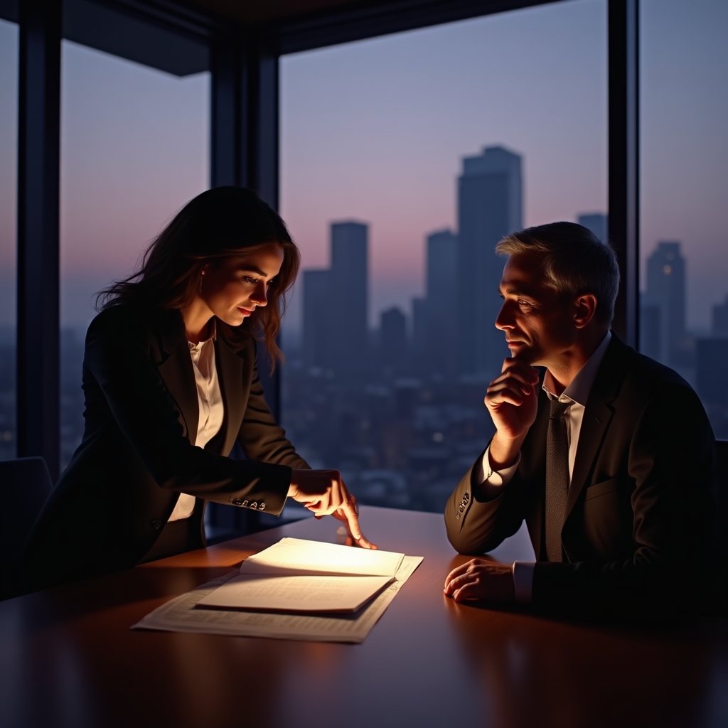 Individual contributor presenting a one-page proposal to an executive in a meeting room
